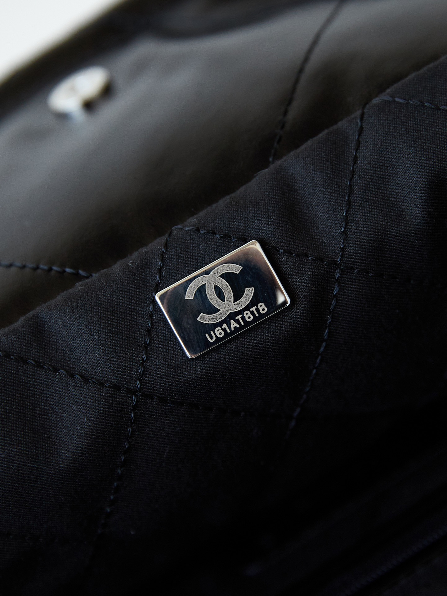 Ch*el 22 small handbag shiny calfskin all black 13.7×14.4×2.7 in