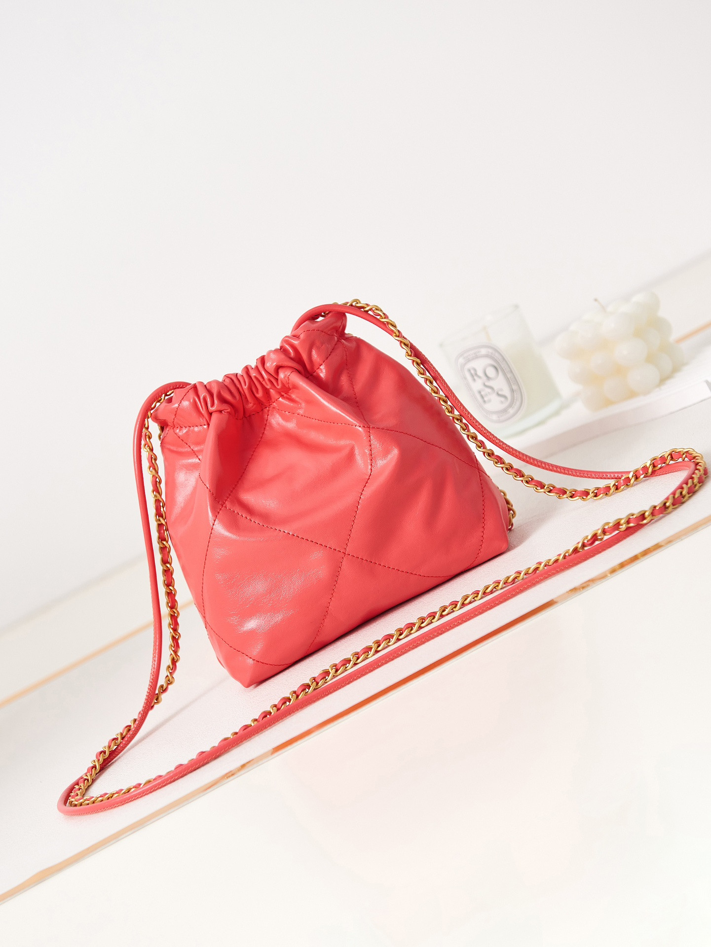 Ch*el 22 mini handbag shiny calfskin red 7.8 × 7.4 × 2.3 in