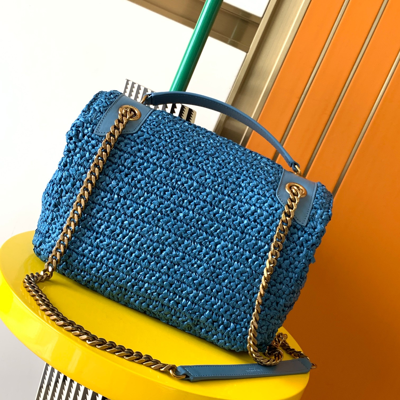 Y*L niki medium chain bag in raffia and leather blue 11 x 7.8 x 3.3 inches